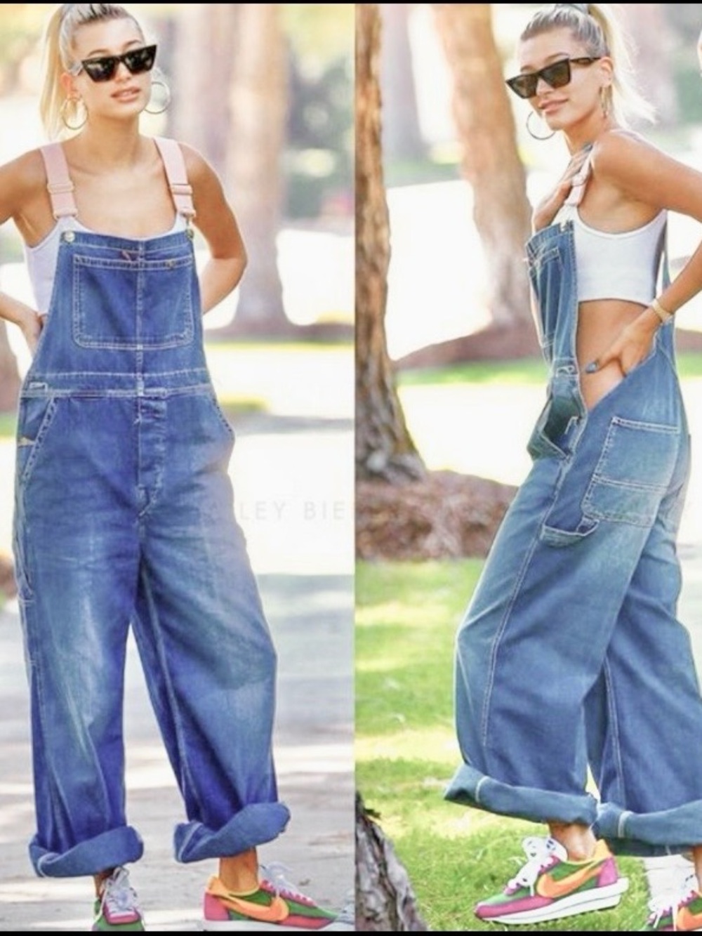 Acne Studios Cropped Overalls w/pink stretchy straps as seen on Hailey Beiber